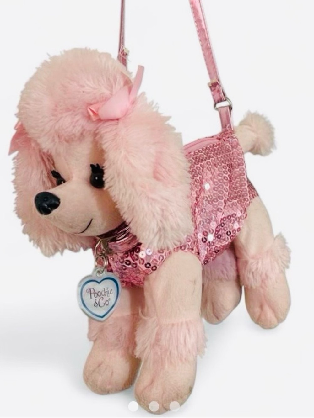 Poochie & Co. Bubblegum Pink Plush Poodle Purse with Sequins. Zips open EC